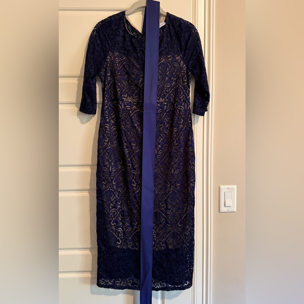 Chic Navy Lace Long Sleeve Dress (Maternity)